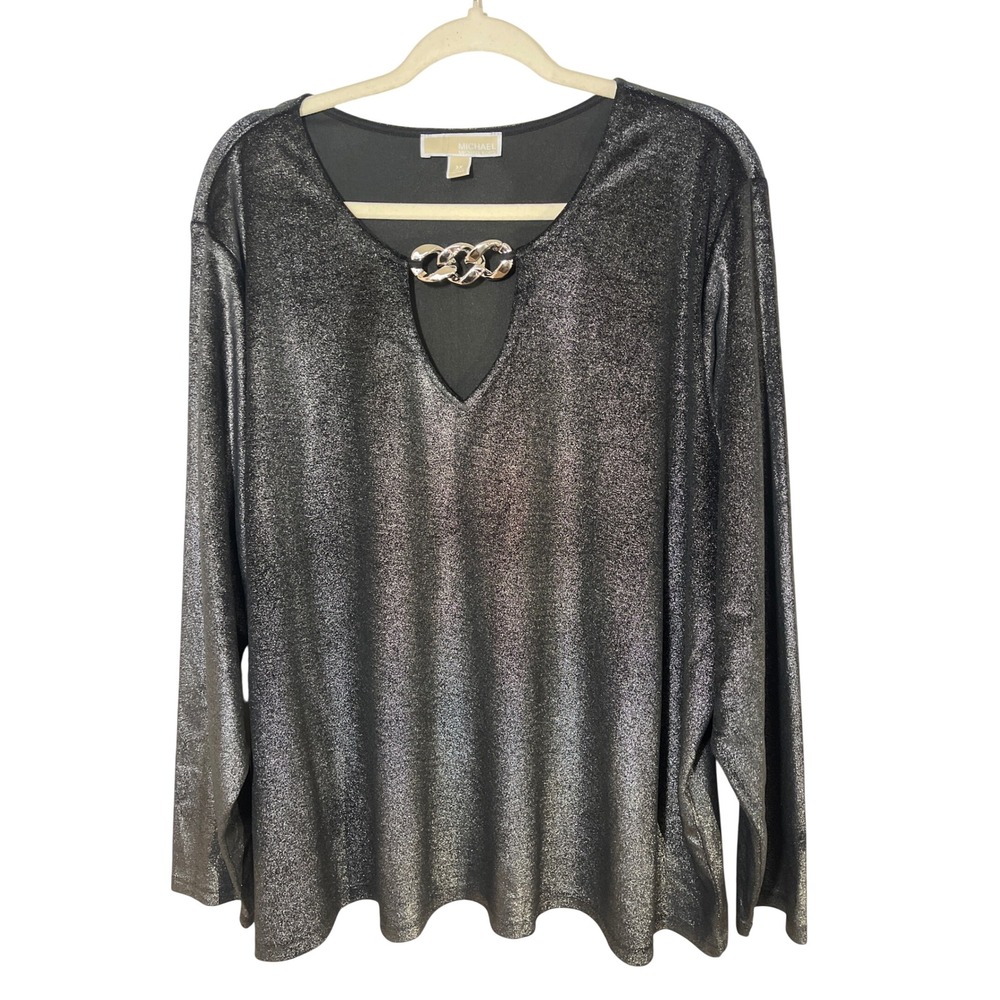 Michael Kors Top Women 3X Silver Black Metallic Shimmer V-Neck Chain Blouse